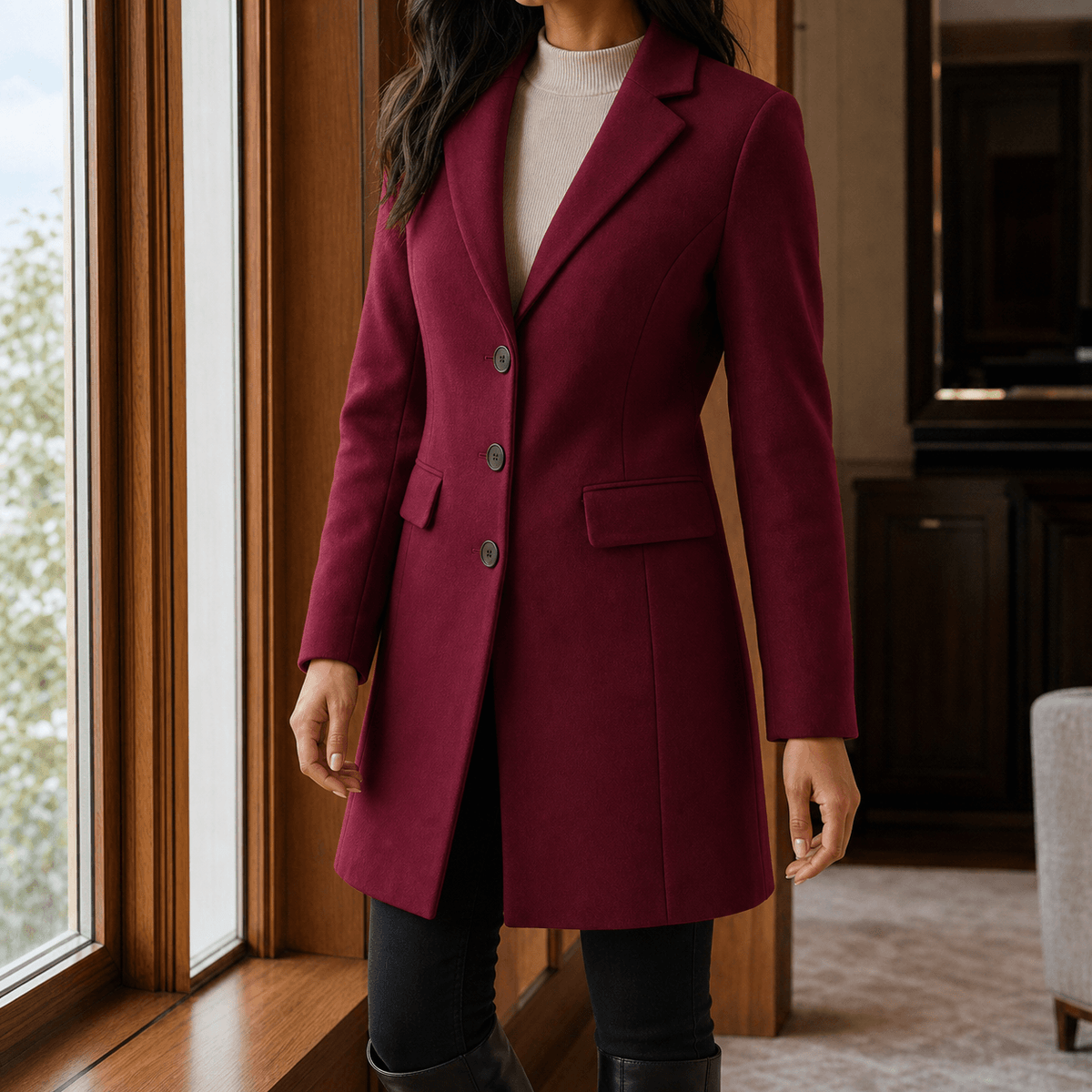 Women's Wool-Blend Tailored Winter Coat with Notched Lapel