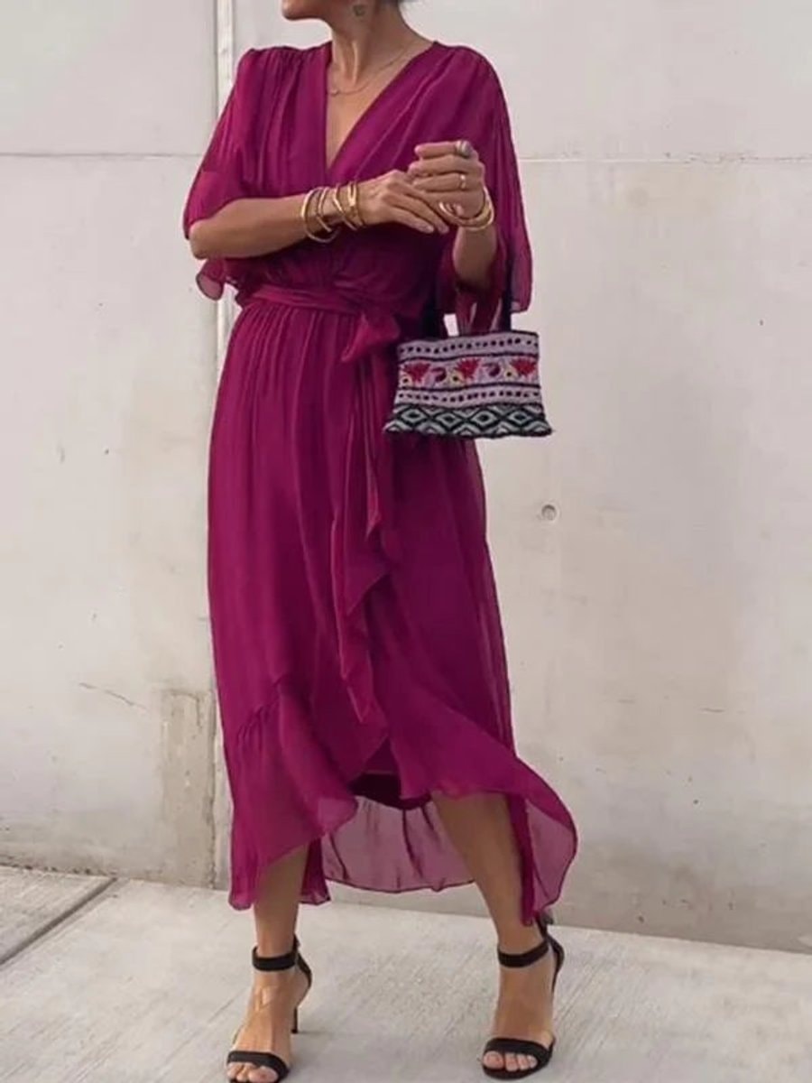 Women's Belted Chiffon Wrap Dress with V-Neck and Flowy Midi Length
