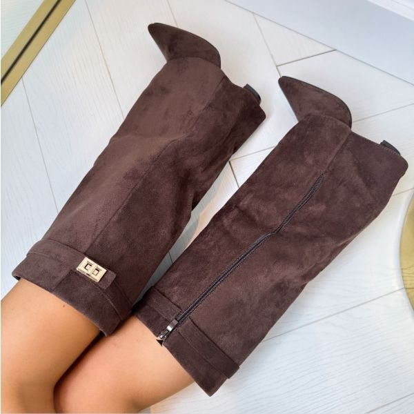 Women's Pointed-Toe Fold-Over Knee-High Boots with Block Heel and Turn-Lock Detail
