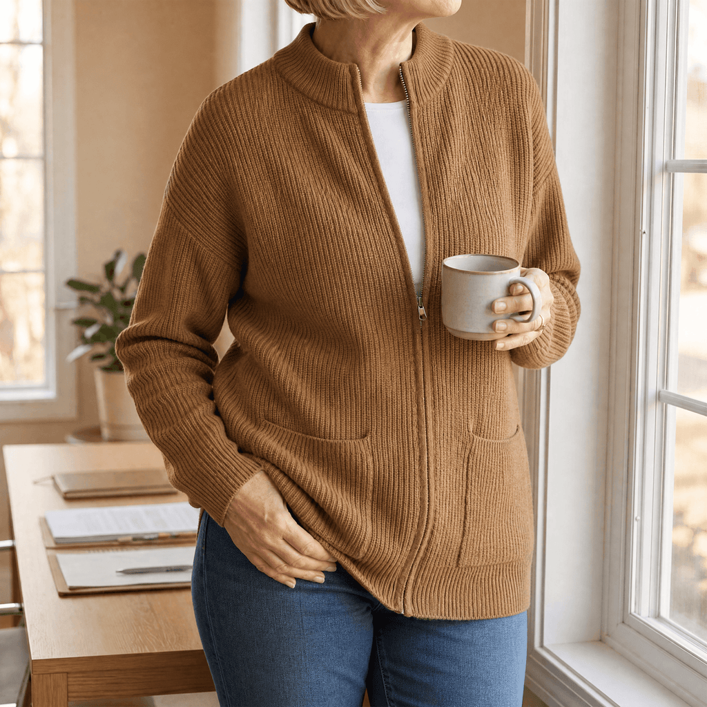 Covena Women's Ribbed Knitted Cardigan Sweater with Zip-Up Pockets