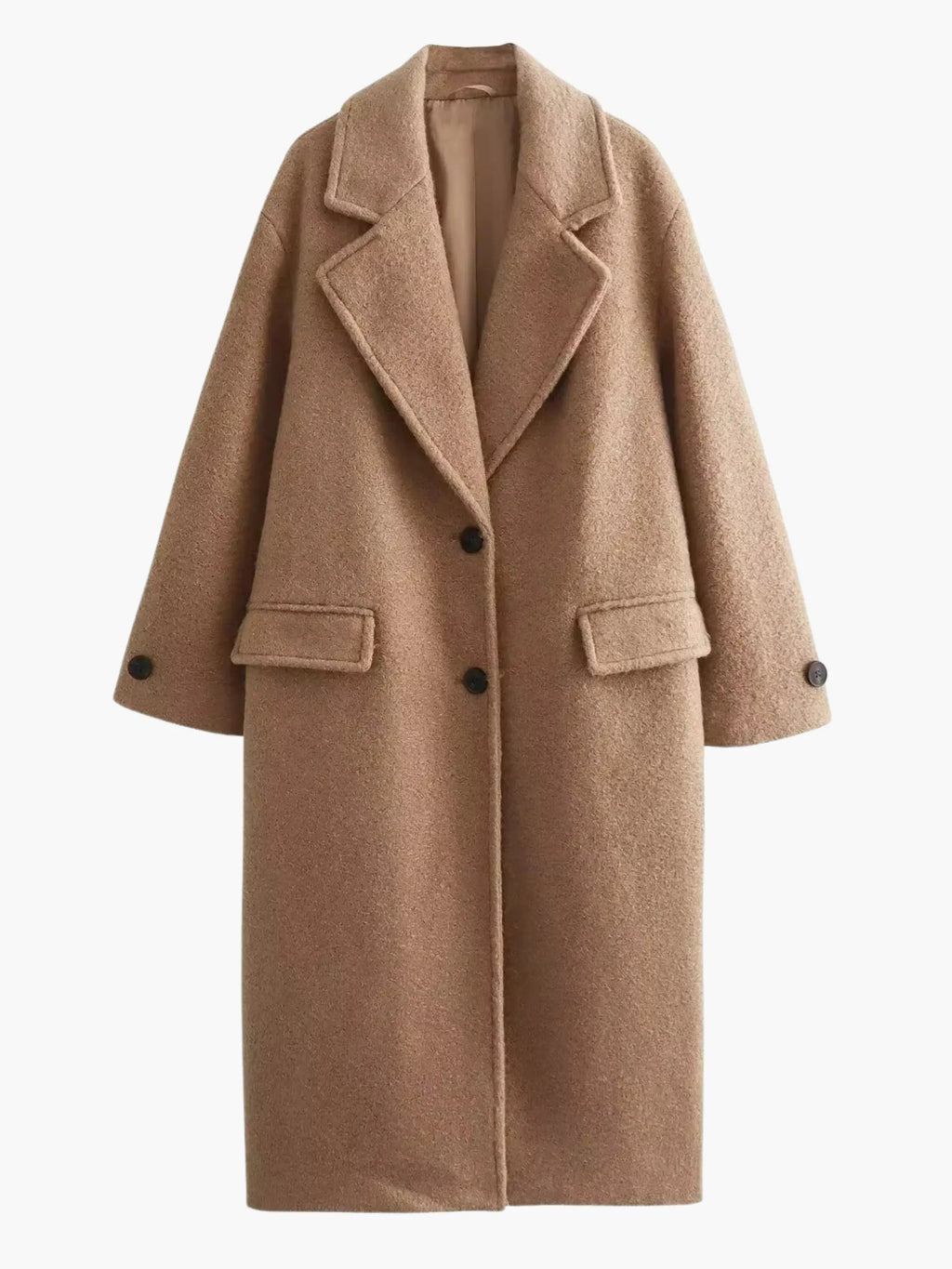 Women's Oversized Long Wool-Blend Winter Coat with Lapel Collar and Flap Pockets