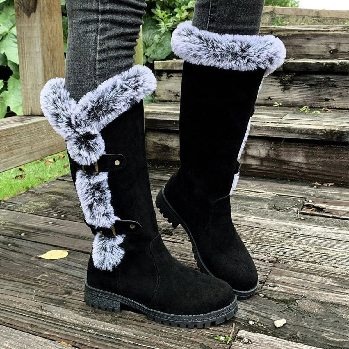 Women's Knee-High Faux Suede Boots with Buckle Straps and Plush Fur Trim