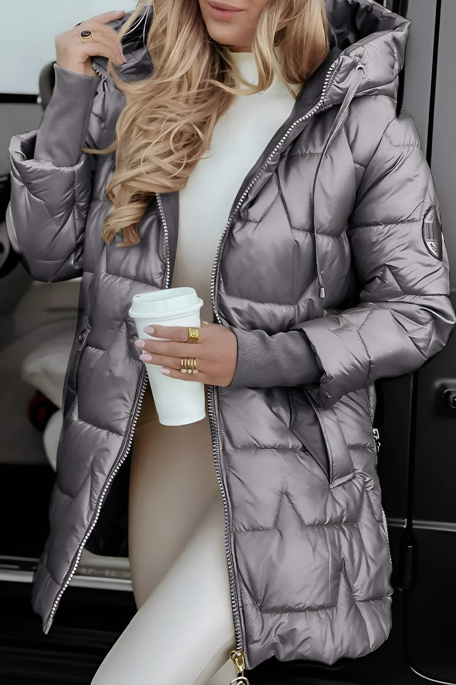 Long Hooded Puffer Jacket with Quilted Shell and Side Zip Vents