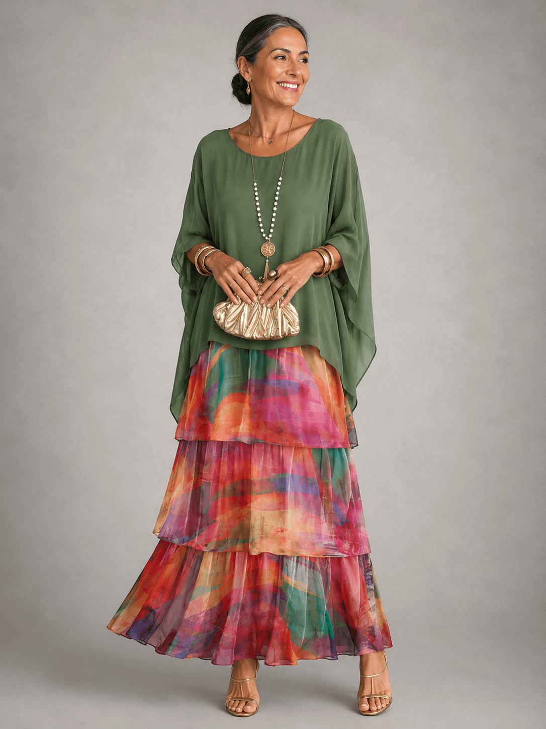 Tiered Ruffle Women's Midi-to-Maxi Dress with Flowing Capelet Sleeves