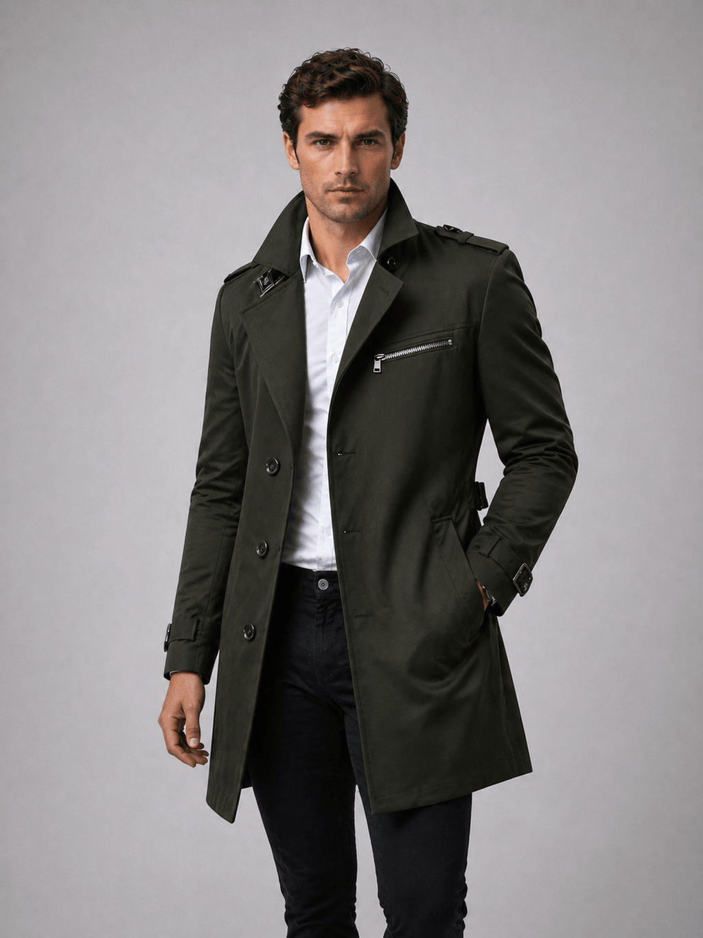 Men's Single-Breasted Mid-Length Belted Trench Coat with Epaulettes and Zip Chest Pocket