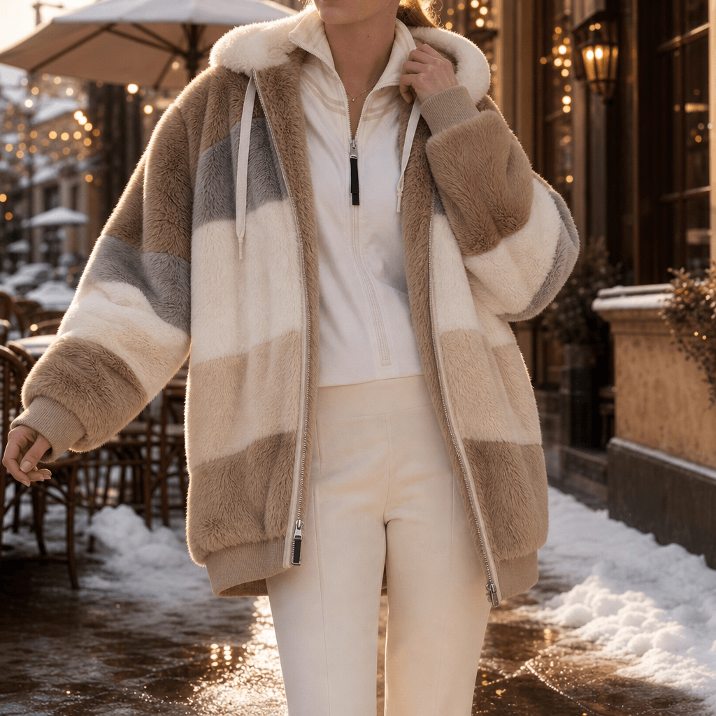 Furvella Women's Color-Block Oversized Faux Fur Hooded Winter Coat