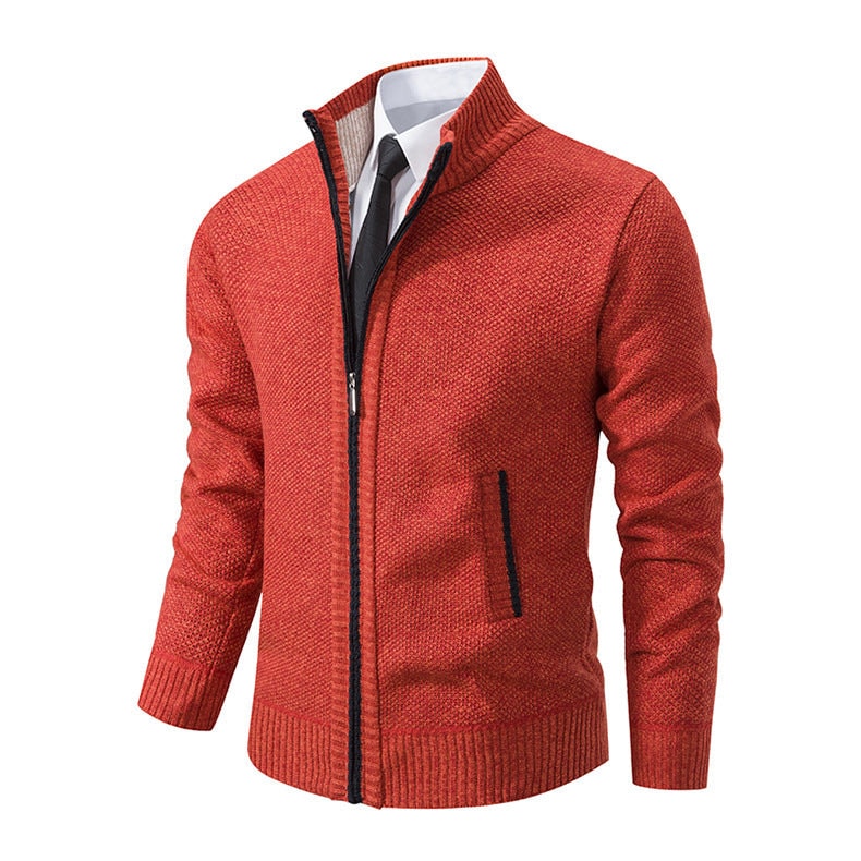 Men's Marled Knit Cardigan with Full-Length Zip and Ribbed Stand-Up Collar