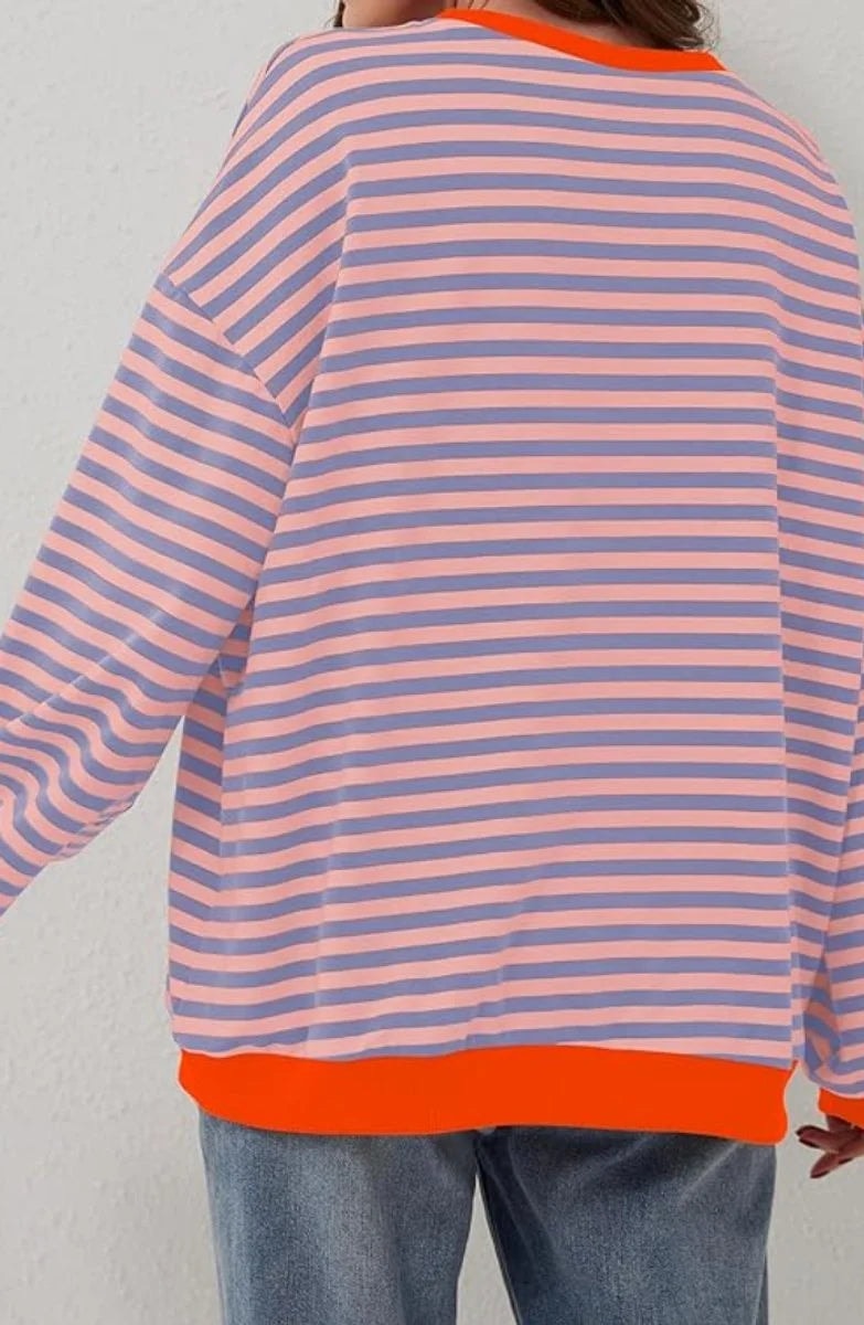 Women's Oversized Striped Long-Sleeve Sweater with Contrast Trim and Crew Neck