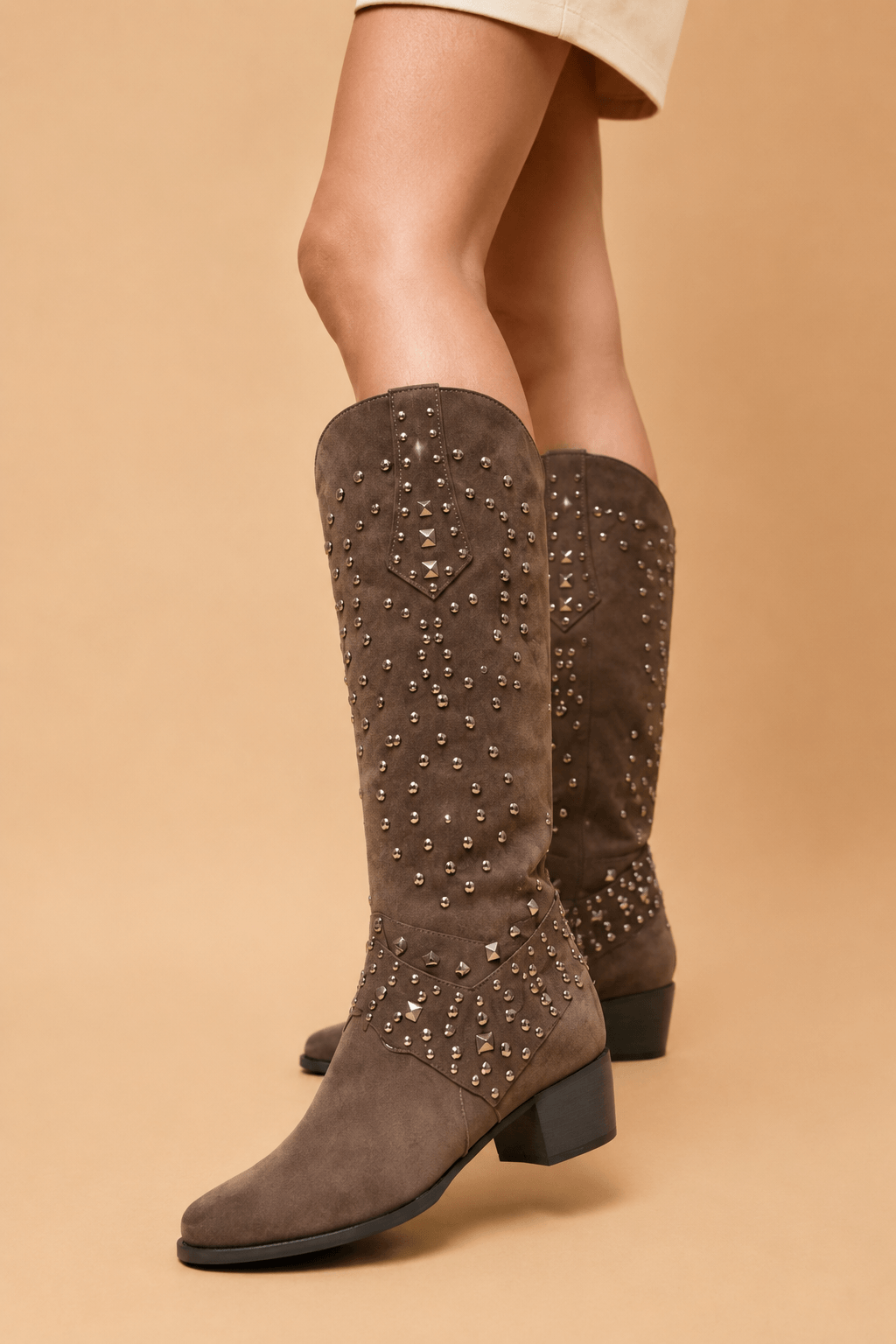 Studded Knee-High Pointed-Toe Brown Leather Boots for Fall