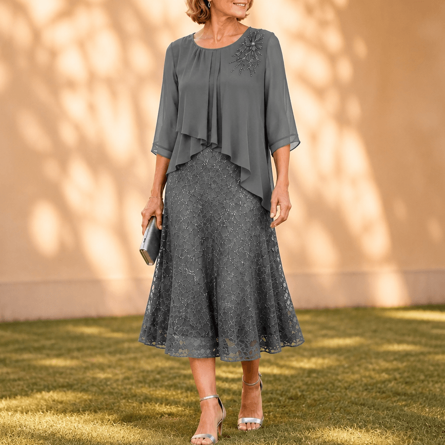 Elavine Floral Lace Overlay Chiffon Women's Midi Dress with Sheer Sleeves
