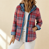 Weslyn Plaid Hooded Shacket with Denim Trim for Women