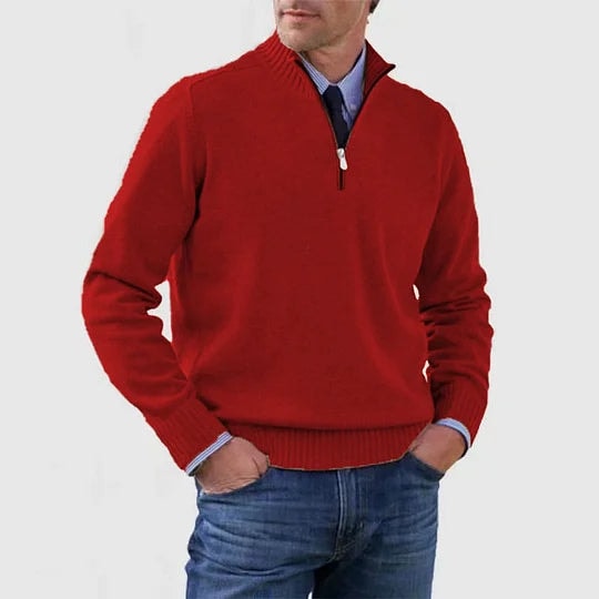 Men's Half-Zip Mock Neck Knitted Sweater with Ribbed Trim