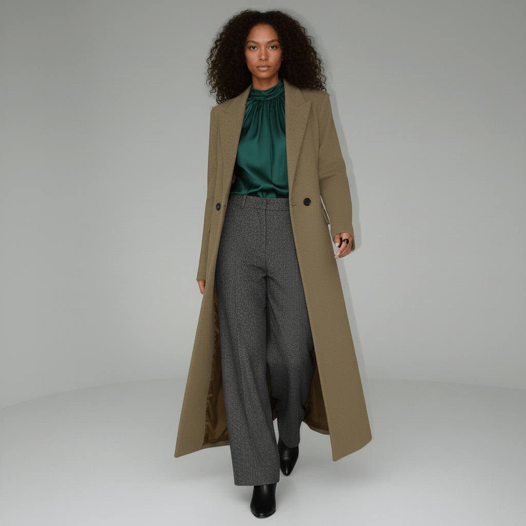 Women's Long Slim-Fit Tailored Maxi Coat with Peak Lapels and Full Lining
