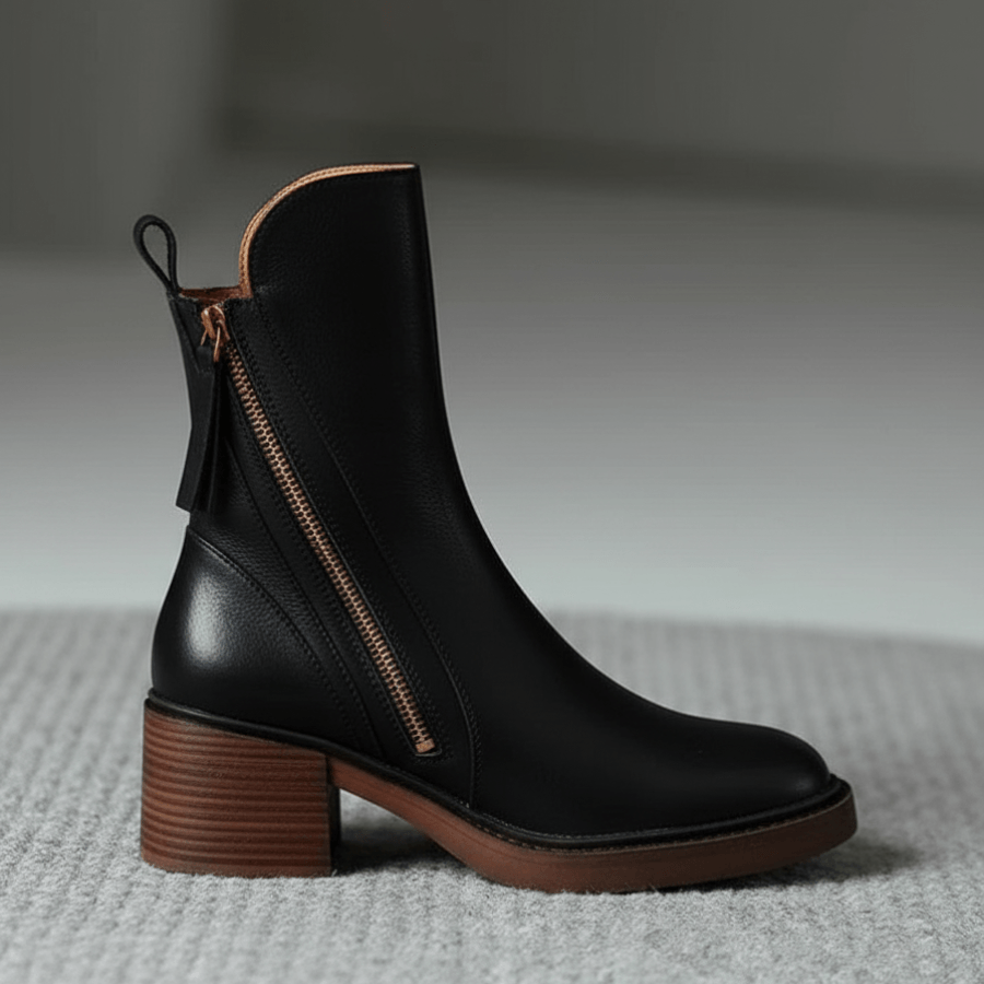 Women's Round-Toe Vegan Leather Ankle Boots with Block Heel and Side Zip