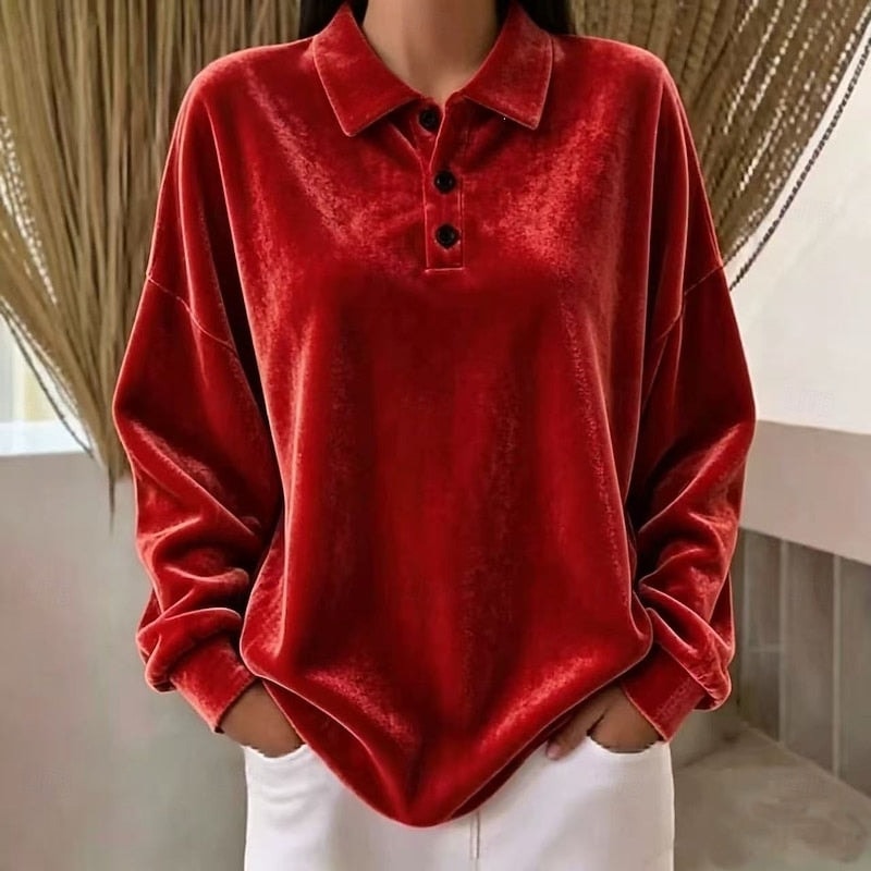 Women's Collared Sweater with Oversized Drop Shoulders and Button Placket