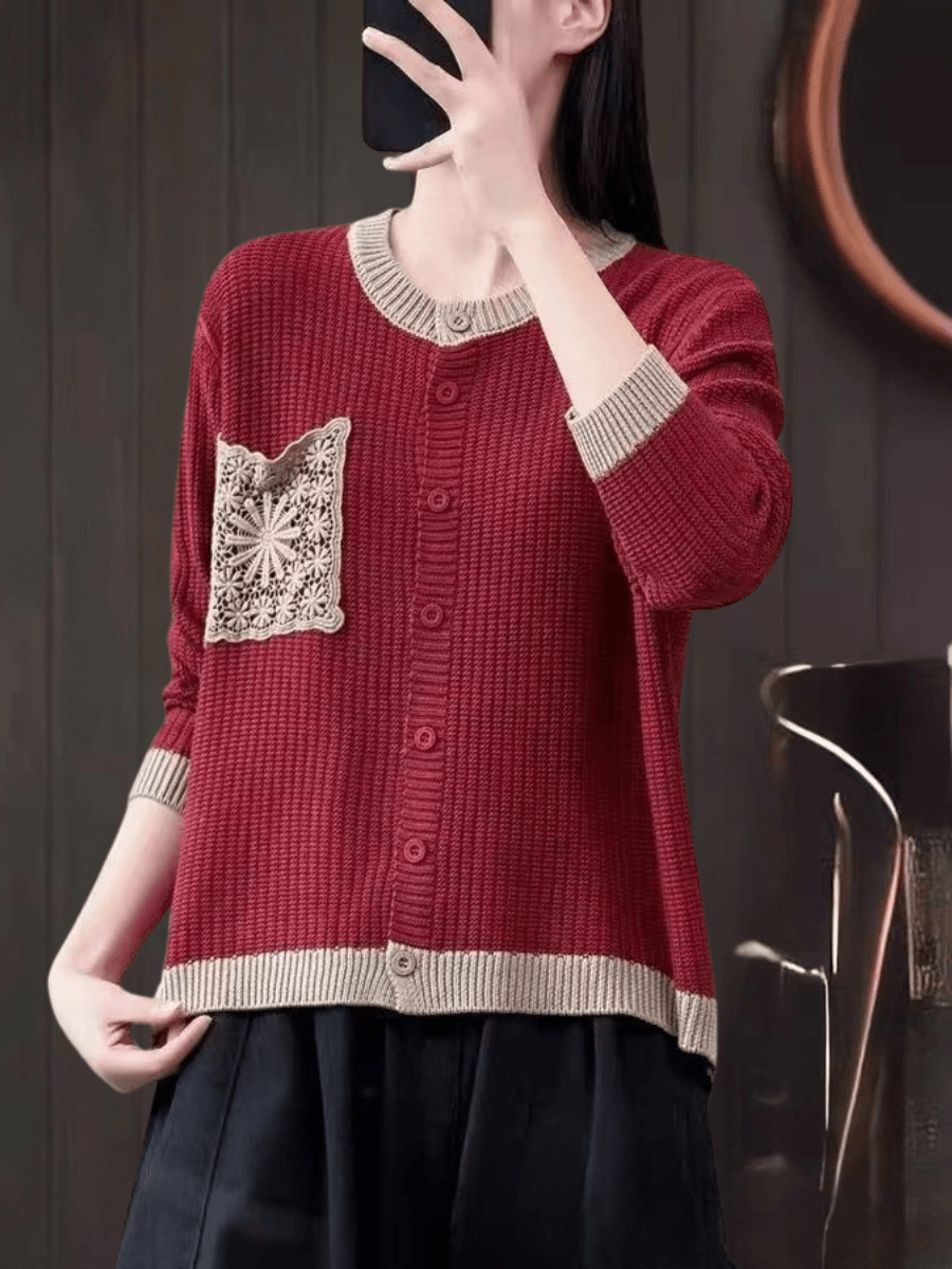 Women's Cardigan in Textured Knit with Lace Chest Pocket and Button Front