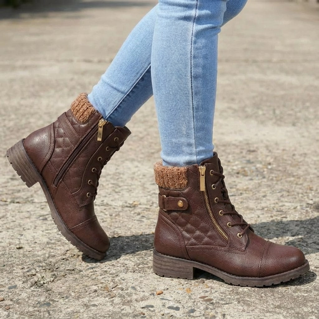 Women's Quilted Lace-Up Ankle Boots with Side Zip and Block Heel