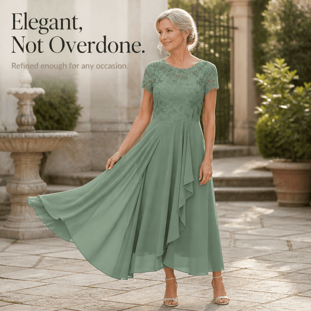 Floral Lace Bodice Chiffon Women's Midi Dress with Short Sleeves