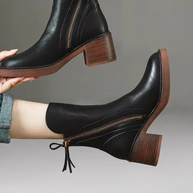 Women's Ankle Boots with Side Zipper and Block Heel in Synthetic for Fall