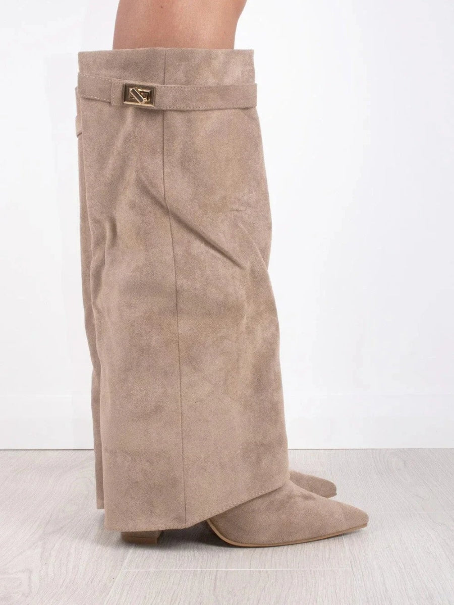 Knee-High Fold-Over Brown Boots with Buckle Strap for Fall and Winter