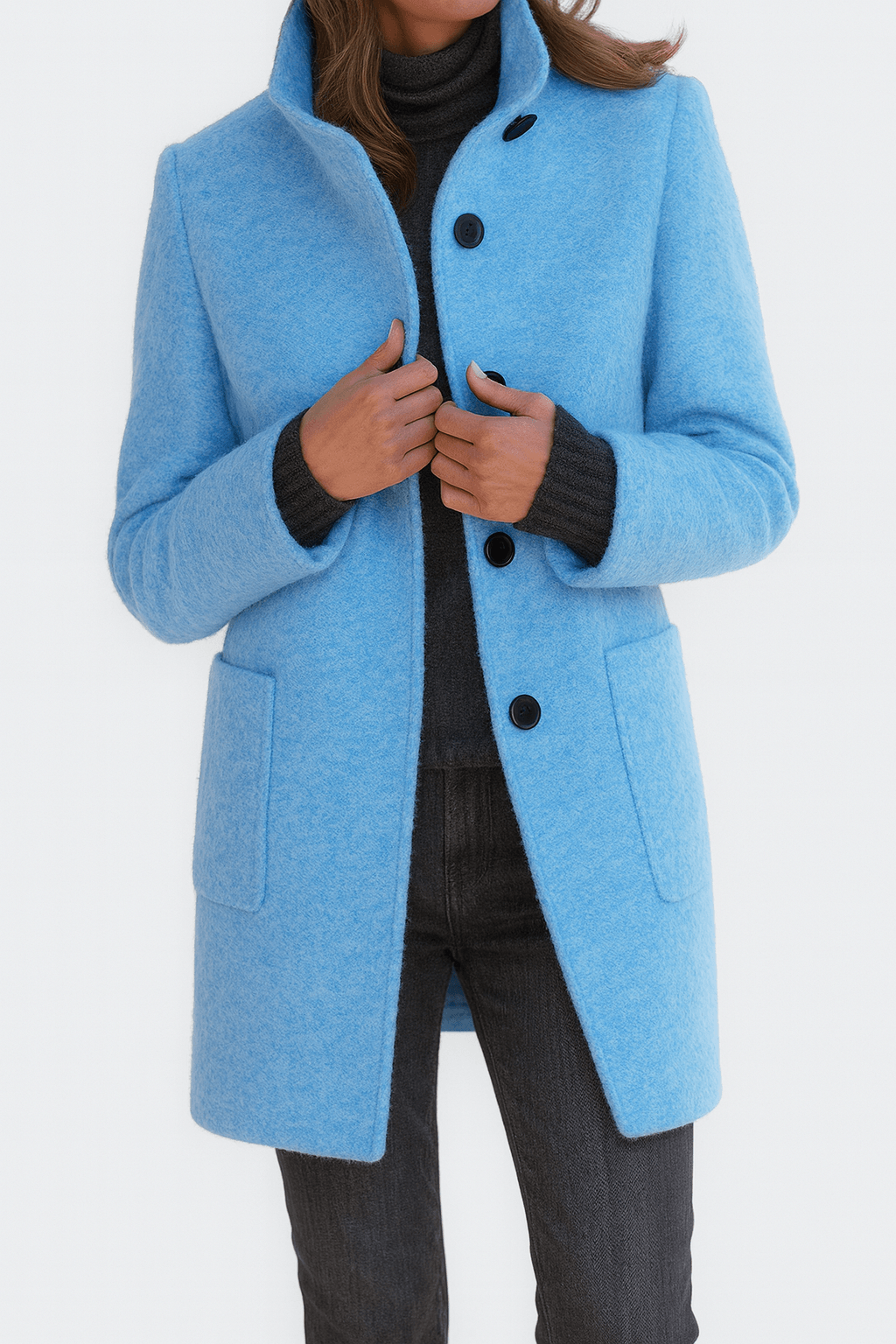 Mid-Length Pea Coat with Stand Collar and Patch Pockets
