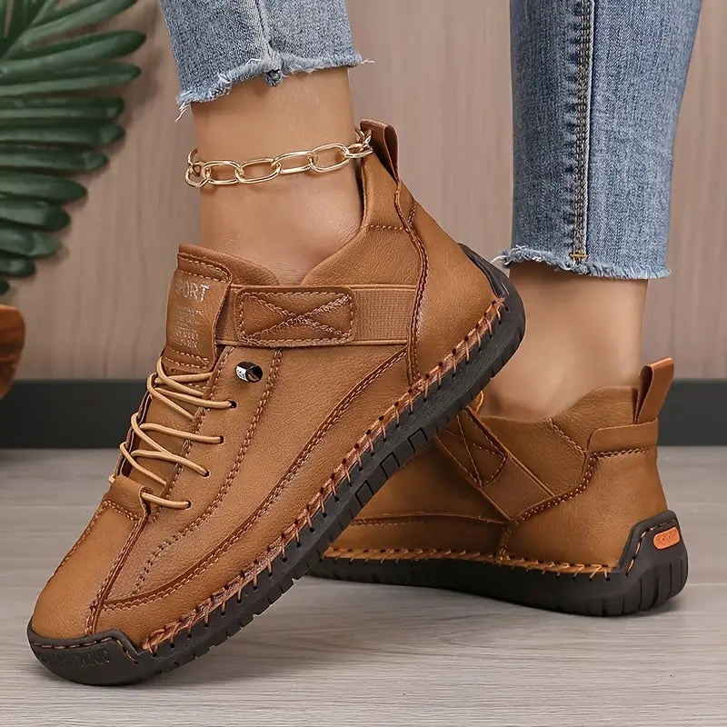 Women's Leather Lace-Up Sneakers with Adjustable Strap for Comfort