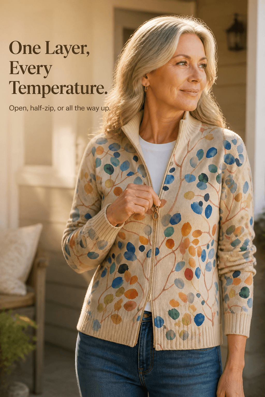 Women's Botanical Print Zip-Up Knit Cardigan Jacket