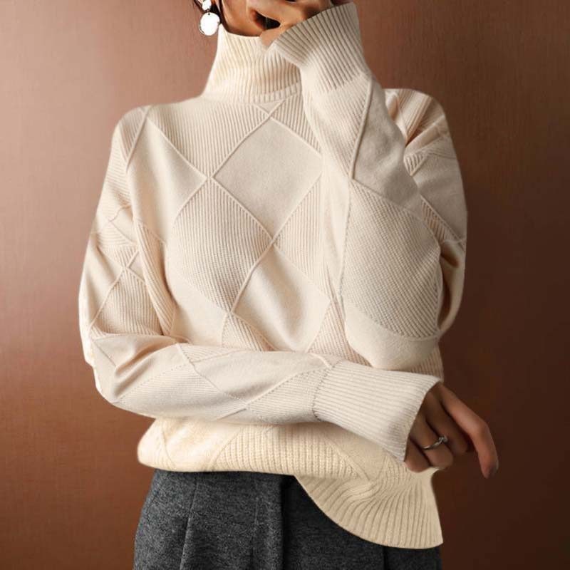 Women's Ribbed Knit Turtleneck Sweater with Diamond Pattern and Relaxed Fit