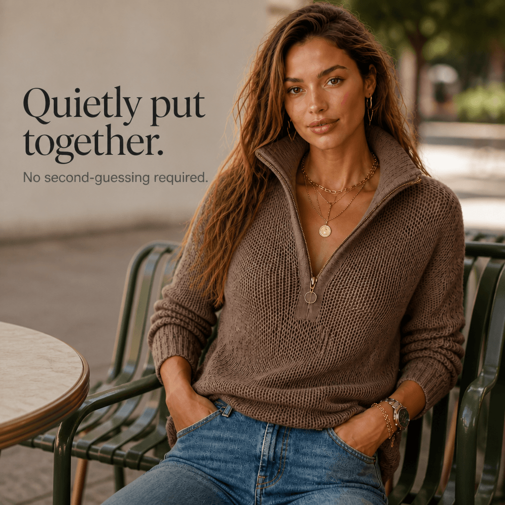 Women's Half-Zip Textured Knitted Sweater with Convertible Collar