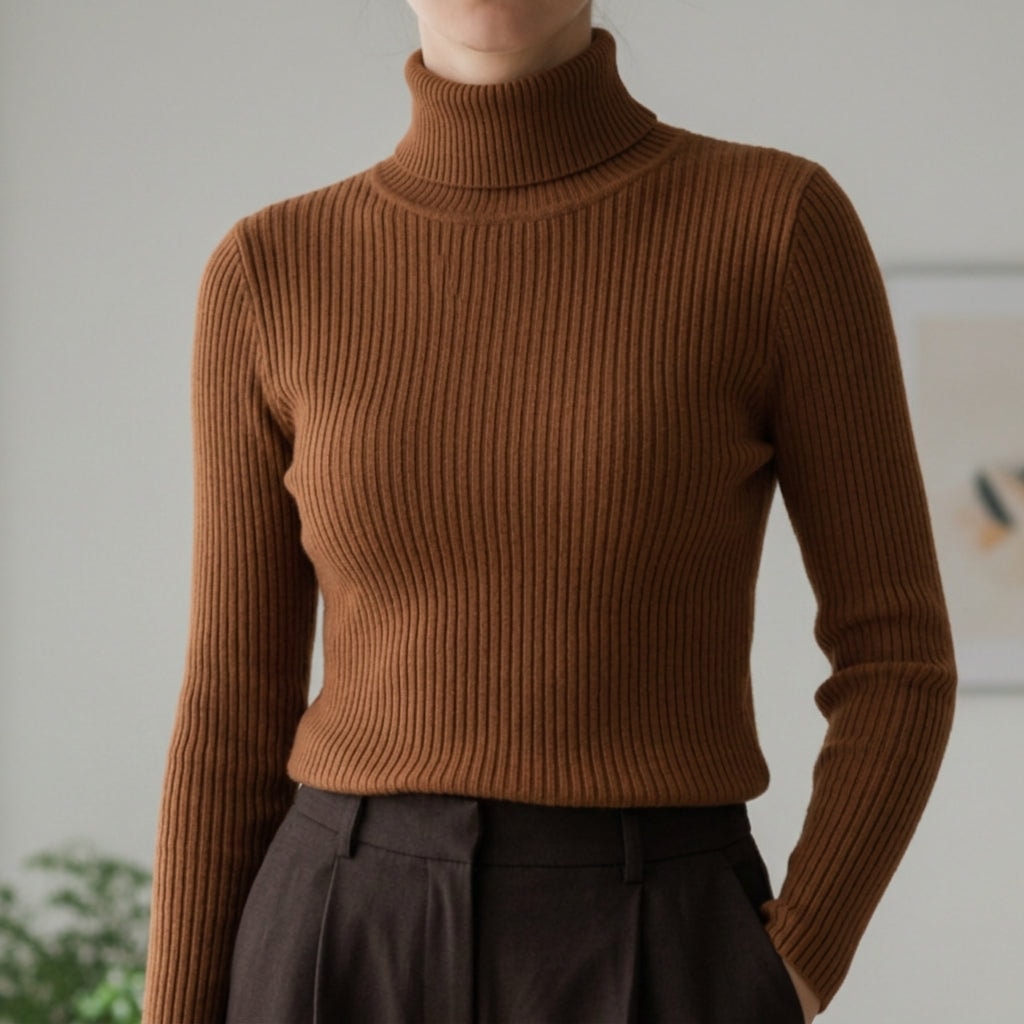 Women's Ribbed Knit Turtleneck Sweater with Long Sleeves and Slim Fit