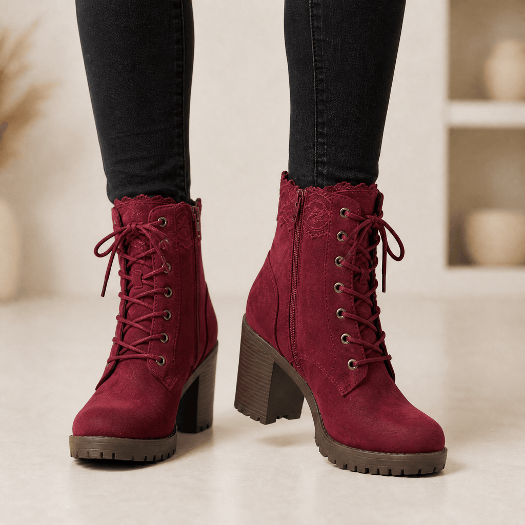 Lacelle Lace-Trim Suede Women's Ankle Boots with Chunky Block Heel