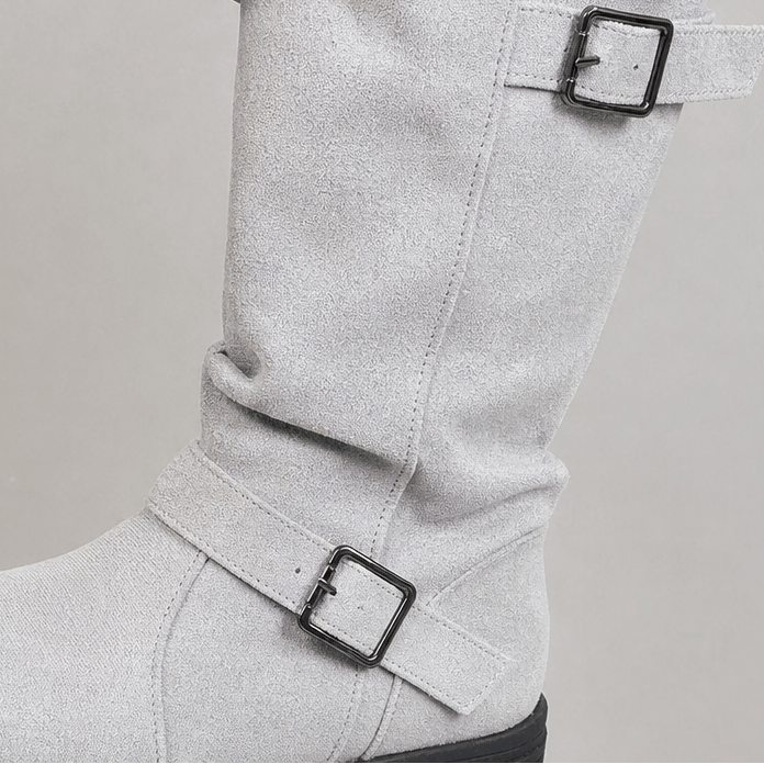 Ribbed Cuff Lug Sole Slouch Women's Boots with Suede-Look Upper