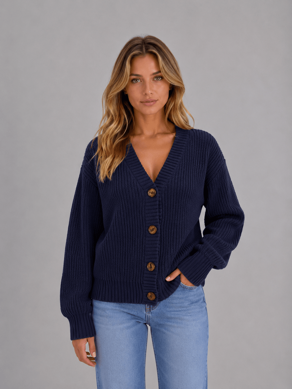 Women's Chunky Ribbed Knit V-Neck Cardigan with Oversized Buttons and Relaxed Sleeves