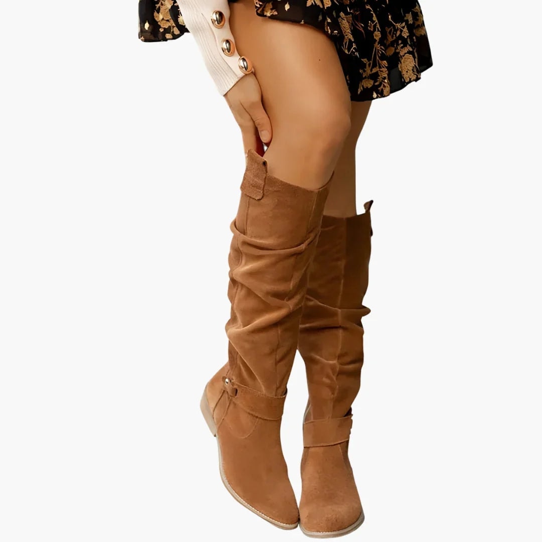 Suede Knee-High Black Boots for Women with Block Heel and Side Zip