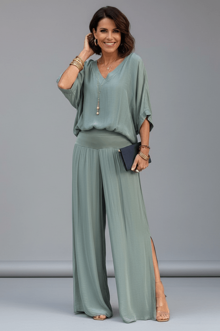 Natalie Women's Chiffon Wide-Leg Two-Piece Co-Ord Set with Draped Top