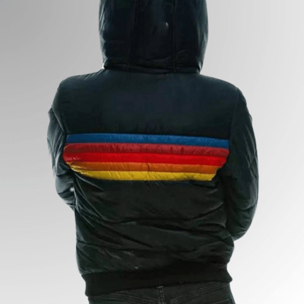 Hooded Quilted Puffer Jacket with Striped Chest Bands in Polyester