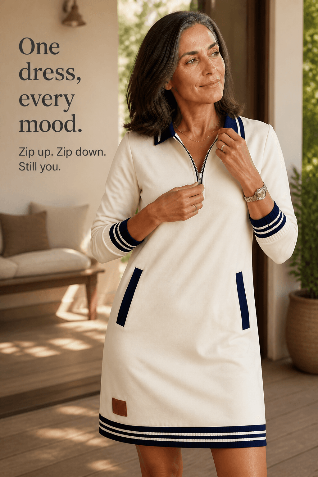 Women's Quarter-Zip Collared Knit Midi Dress with Seam Pockets