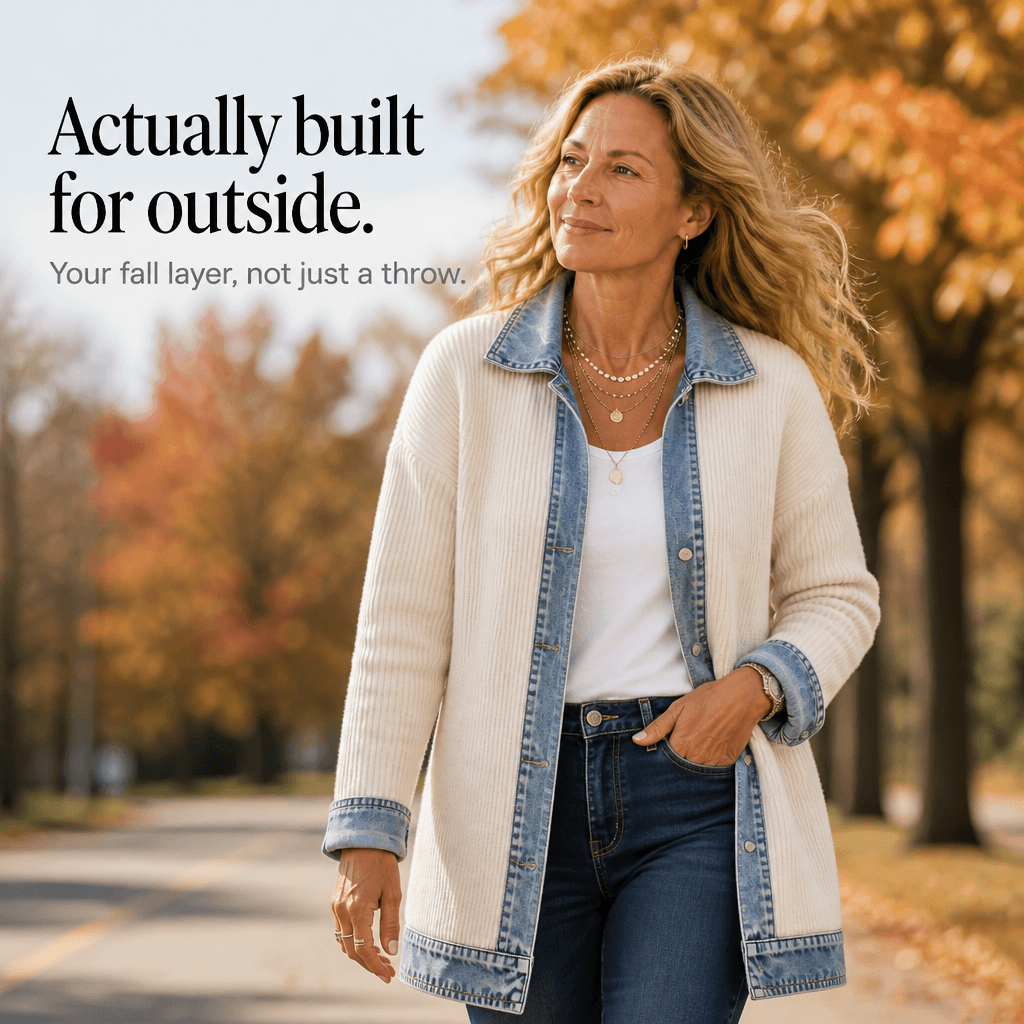 Women's Ribbed Knit Longline Sweater Cardigan with Denim Panel Trim