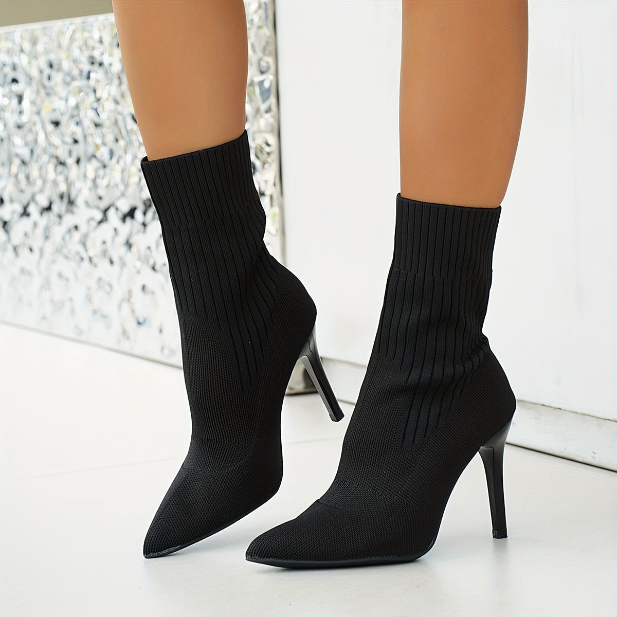 Women's Pointed-Toe Ribbed Knit Ankle Boots with Stiletto Heel