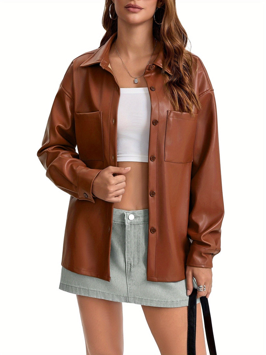 Oversized Faux Leather Shacket with Button Front Collared Fall Jacket