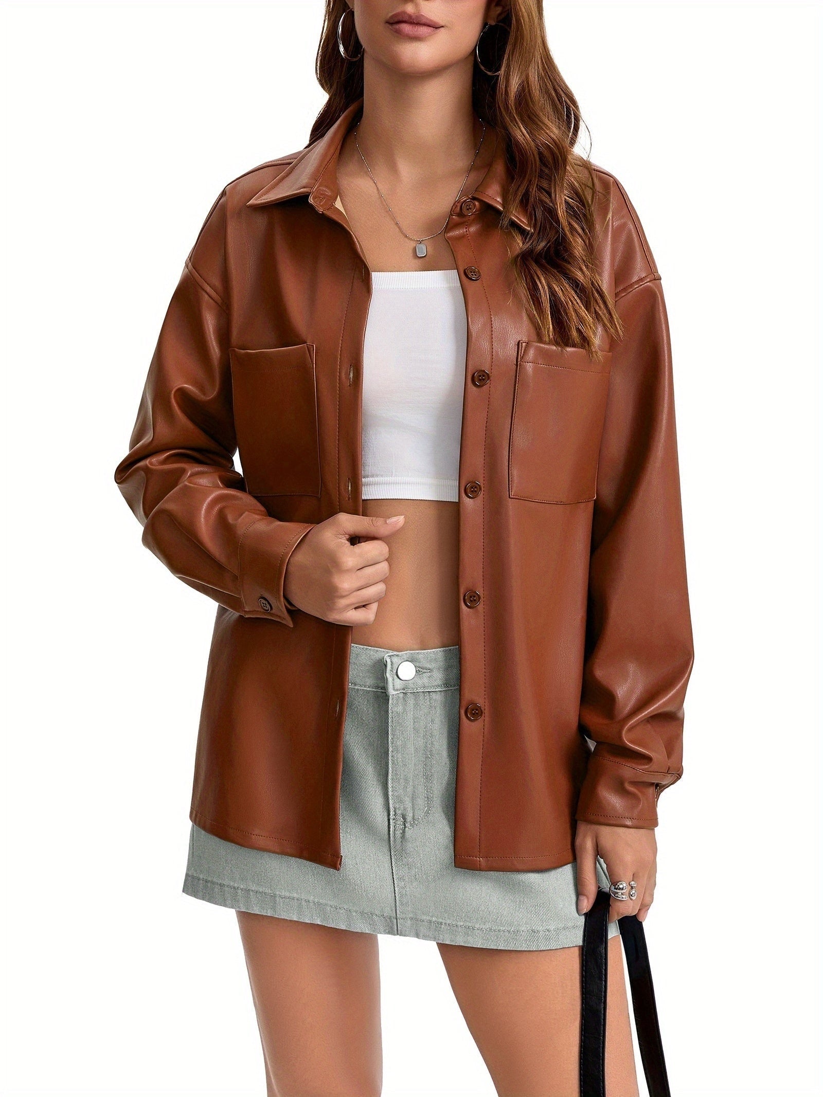 Oversized Faux Leather Shacket with Button Front Collared Fall Jacket