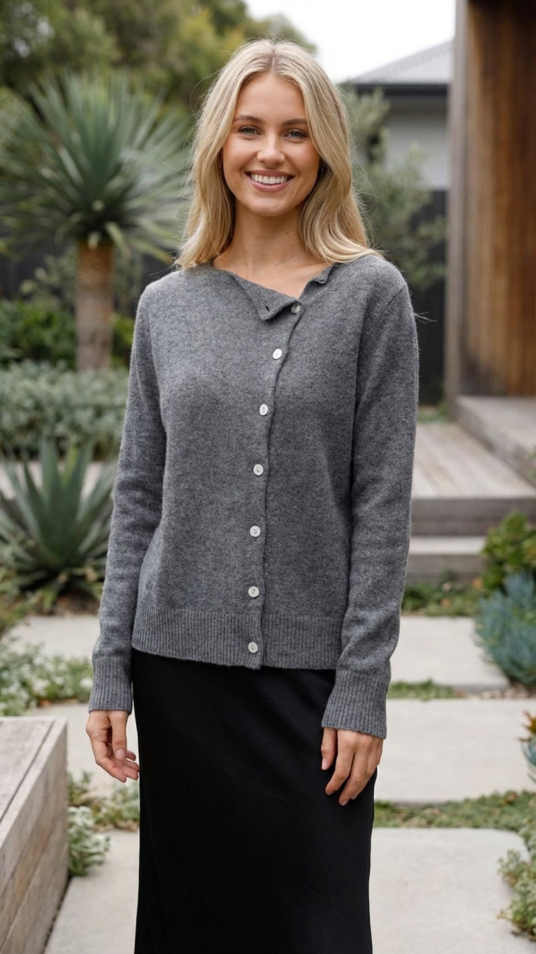 Women's Soft V-Neck Knit Cardigan with Asymmetric Button Front and Long Sleeves