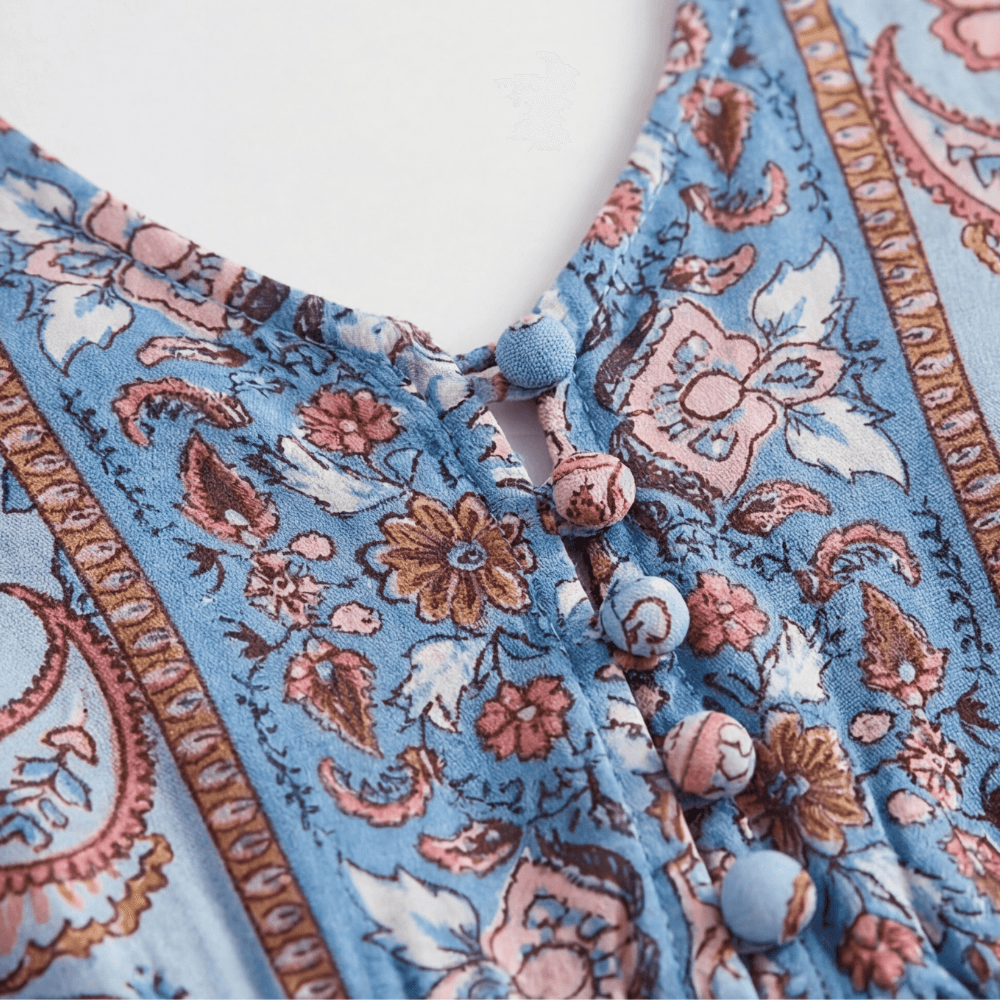 Floressa Paisley Floral V-Neck Maxi Dress with Drawstring Waist