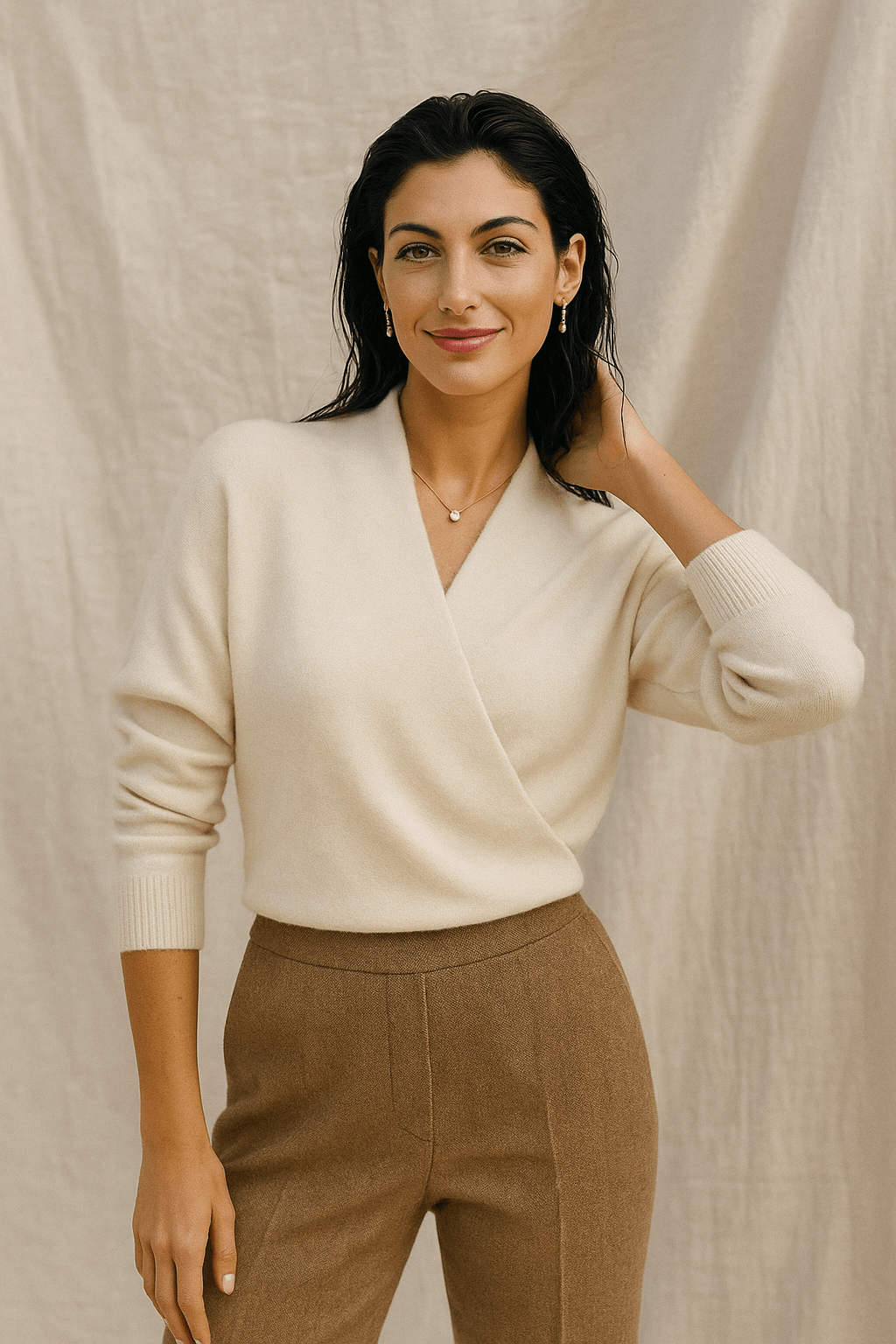 Women's Wrap-Front Knitted Sweater with V-Neck and Ribbed Hem