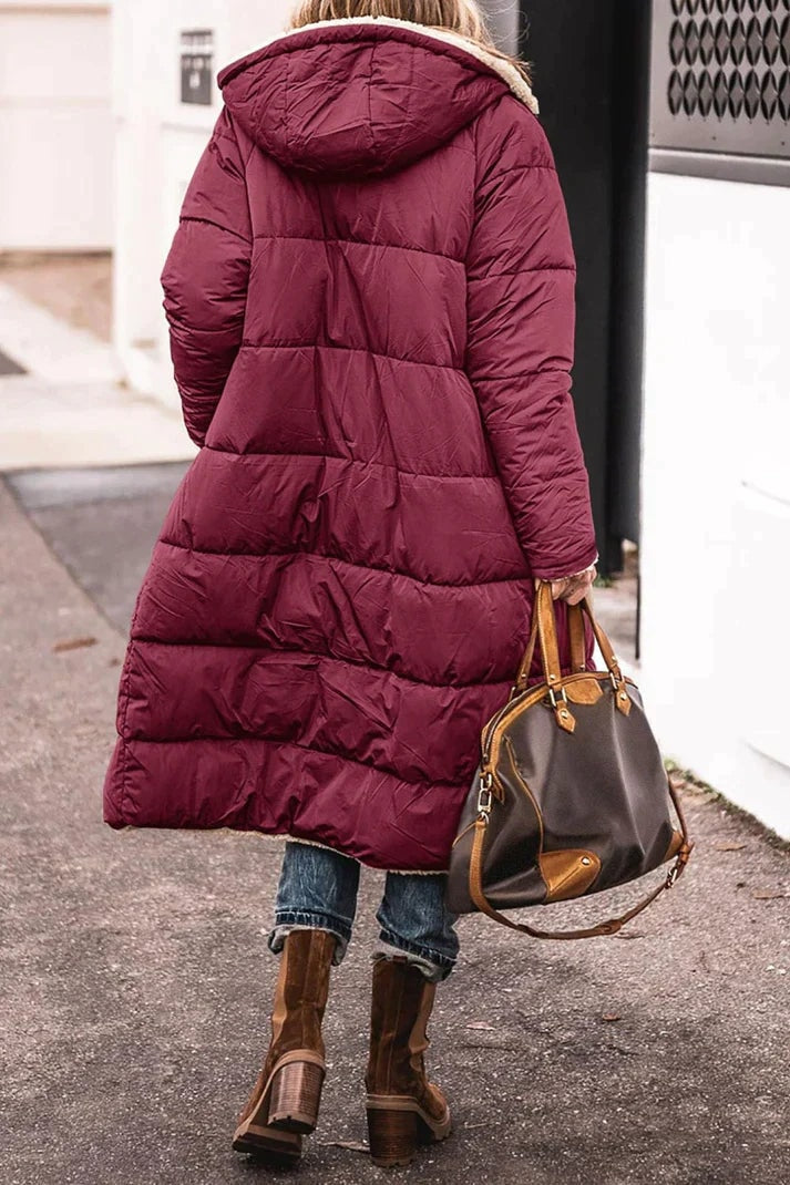 Reversible Teddy-Lined Longline Puffer Winter Coat with Hood