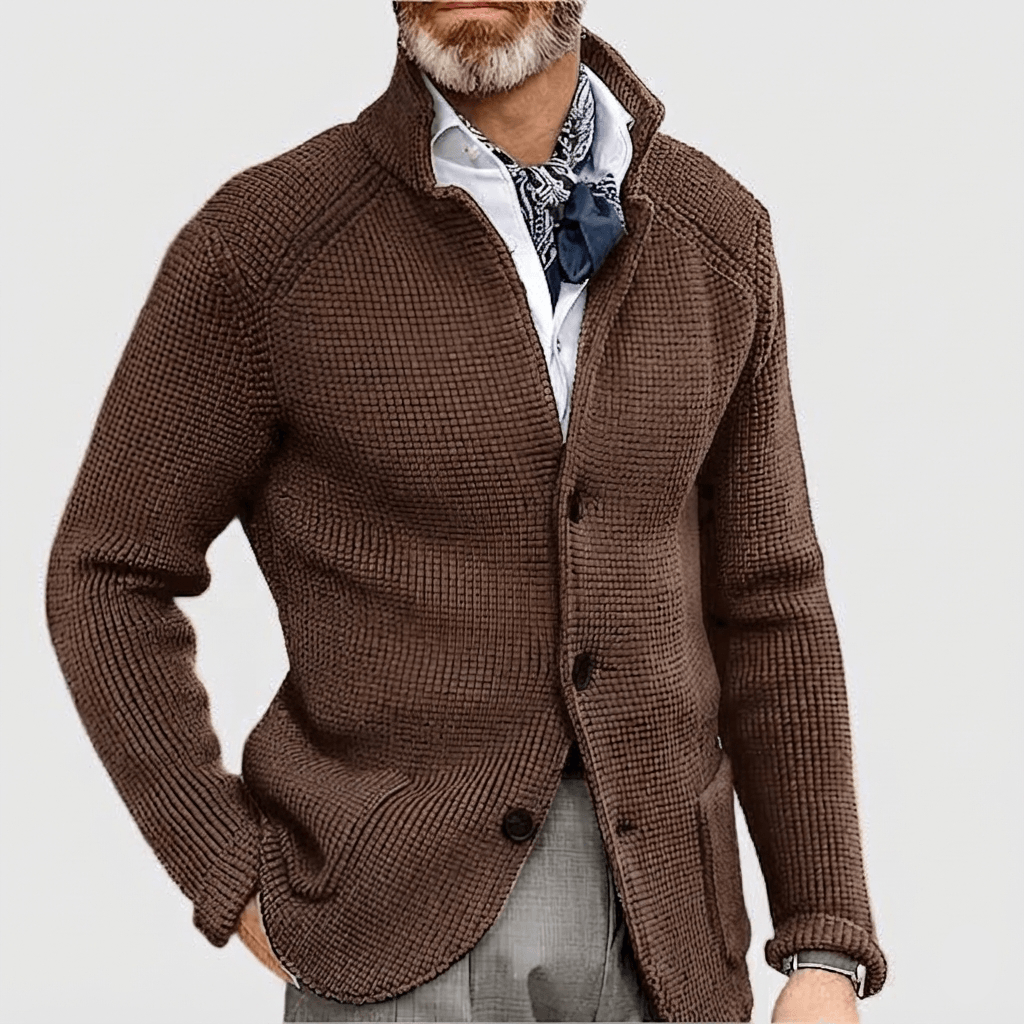 Waffle-Knit Button-Front Mens Sweaters Cardigan with Stand Collar