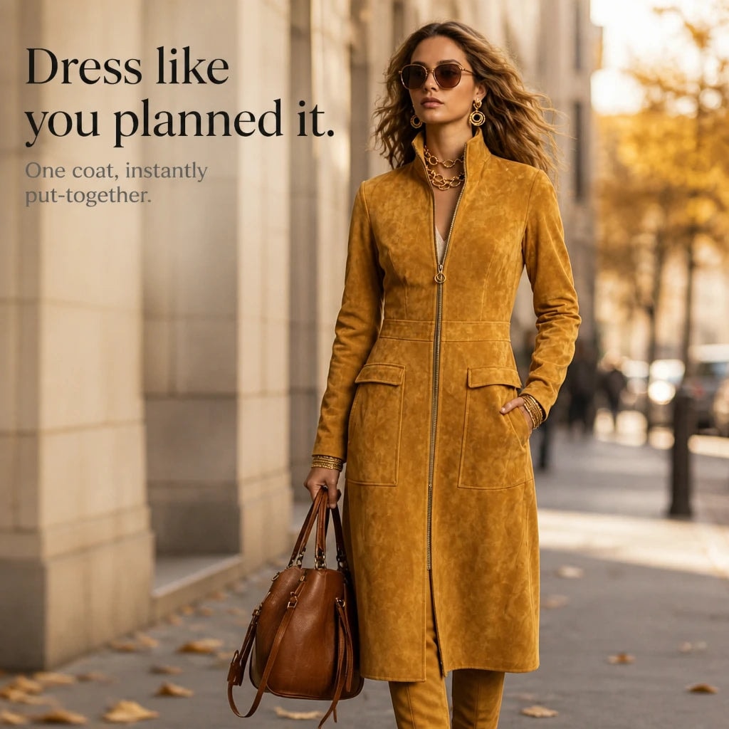 Women's Fitted Long Faux Suede Coat with Stand Collar and Full-Length Zip