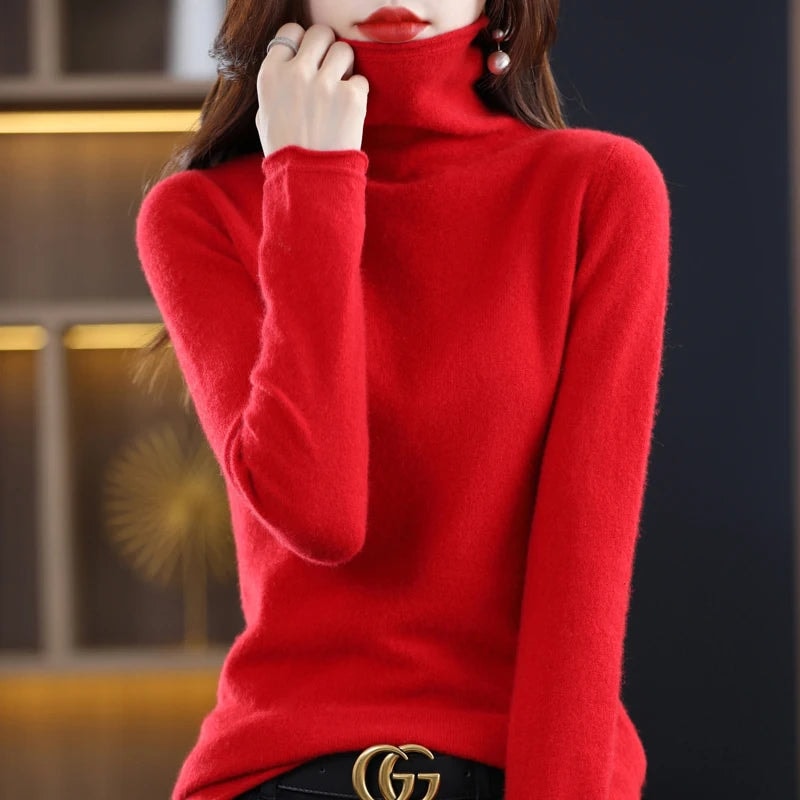 Women's Turtleneck Wool Knitted Sweater with Ribbed Cuffs