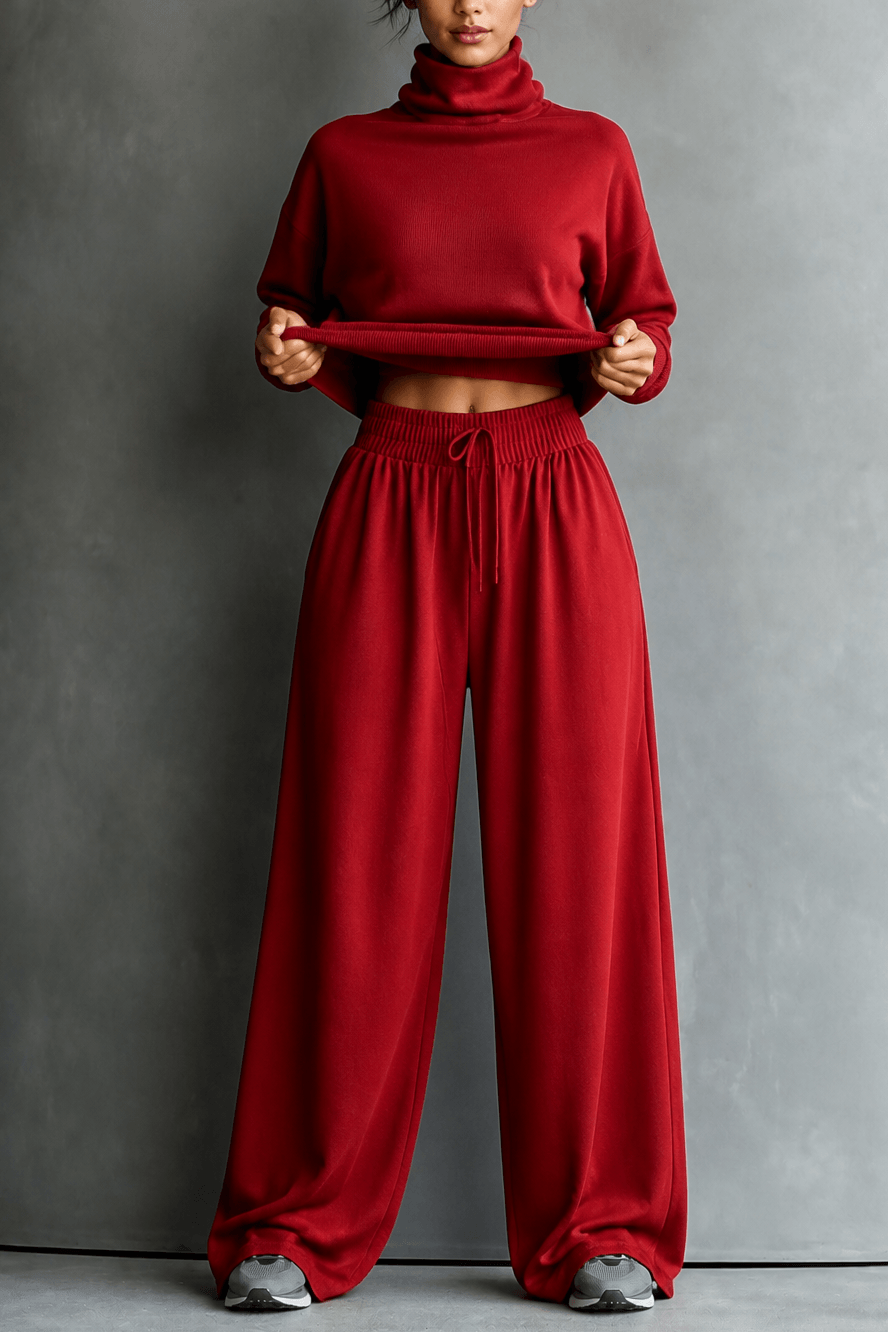 Women's Turtleneck Top and Wide-Leg Pants Two Piece Set